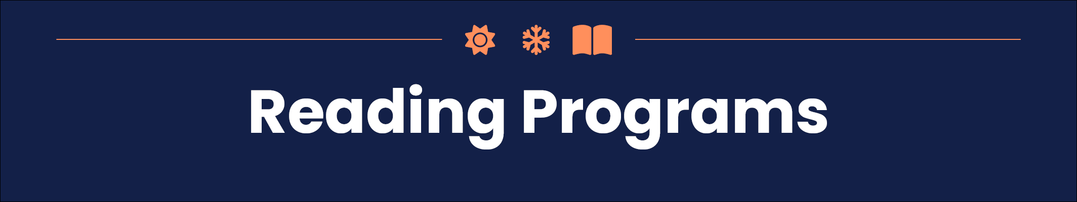Reading Programs in white font in front of a dark blue background with orange icons of a sun, a snowflake and an open book